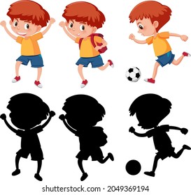 Set of a boy cartoon character in different positions with its silhouette illustration