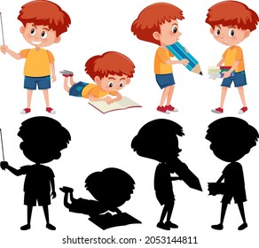 Set of a boy cartoon character in different positions with its silhouette illustration