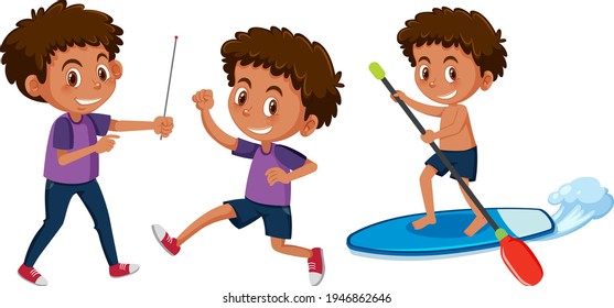 Set of a boy cartoon character doing different activities illustration