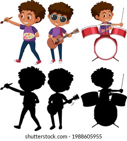Set of a boy cartoon character doing different activities with its silhouette illustration