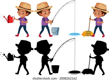 Set of a boy cartoon character doing different activities with its silhouette illustration