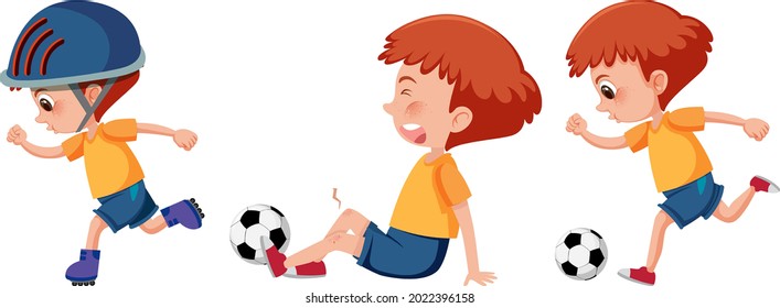 Set of a boy cartoon character doing different activities illustration