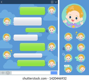 A set of boy Caucasian with expresses various emotions on the SNS window.There are variations of emotions such as joy and sadness.It's vector art so it's easy to edit.
