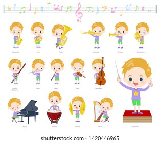 A set of boy Caucasian on classical music performances.There are actions to play various instruments such as string instruments and wind instruments.It's vector art so it's easy to edit.
