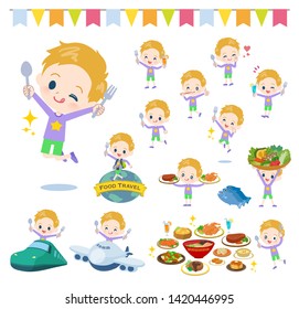 A set of boy Caucasian on food events.There are actions that have a fork and a spoon and are having fun.It's vector art so it's easy to edit.
