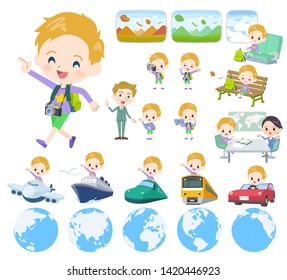 A set of boy Caucasian on travel.There are also vehicles such as boats and airplanes.It's vector art so it's easy to edit.
