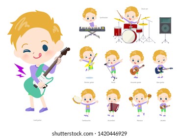 A set of boy Caucasian playing rock 'n' roll and pop music.There are also various instruments such as ukulele and tambourine.It's vector art so it's easy to edit.
