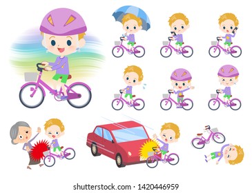 A set of boy Caucasian riding a city cycle.There are actions on manners and troubles.It's vector art so it's easy to edit.
