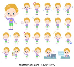 A set of boy Caucasian with who express various emotions.There are actions related to workplaces and personal computers.It's vector art so it's easy to edit.
