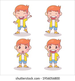Set of boy character with many gesture expressions Premium Vector
