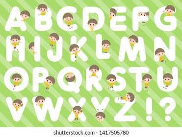A set of boy designed with alphabet.Characters with fun expressions pose various poses.It's vector art so it's easy to edit.
