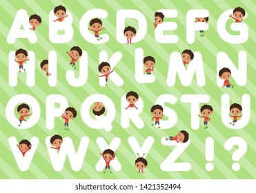 A set of boy designed with alphabet.Characters with fun expressions pose various poses.It's vector art so it's easy to edit.
