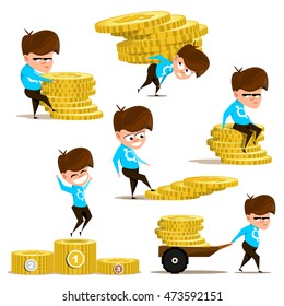 set. boy in different position. Images of a boy with coins. People and money. Flat illustration. Vector