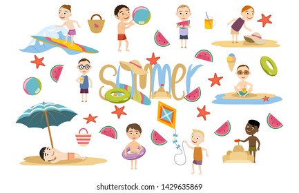 Set boy of different races in summer clothes and swimsuits in the summer. Beach relax, games and surfing. Vector illustration