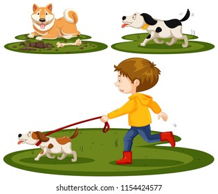 Set of boy and dogs illustration