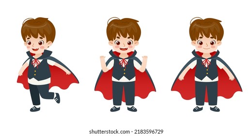 Set of boy in dracula halloween costume poses. Cute vampire kid. Cartoon child in creepy costume.