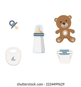 Set of Boy Elements - Pacifier, Bibb with a Sail Boat on it, Bottle Cute Teddy Bear, and Diaper