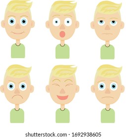 Set boy Emotions face on green shirt. Boy avatar. Flat design.
