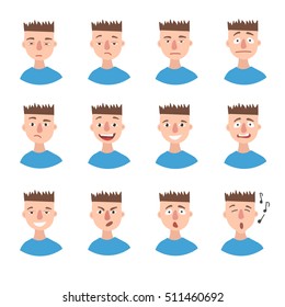 Set of boy emotions. Schoolboy portrait emotions avatars. Illustration featuring boy kids showing different facial expressions emotions cartoon vector. Variety of emotions teen guy. 