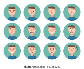 Set of boy emotions. Schoolboy portrait avatars. Illustration featuring boy kids showing different facial expressions emotions cartoon vector. Variety of emotions teen guy. 