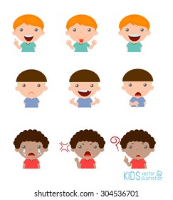 Set of boy expressions on white background, Expression set of kids,