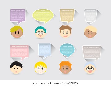 Set of boy face cartoon characters and colorful quote text box design, student talking in different message, sample white word with long shadow. Group of young kids saying, boys children head comment.