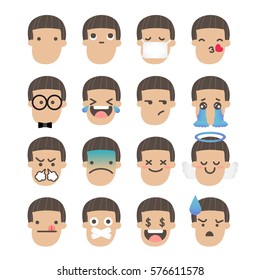 Set of boy face emoticons icon pack with various facial expressions in flat design on white background.
