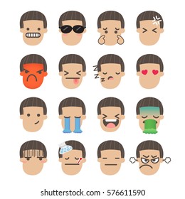 Set of boy face emoticons icon pack with various facial expressions in flat design on white background.