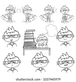 set of boy face, emotions little boy sit at school, dreams behind a pile of books, monochrome drawing hand paint, little dreamer, superhero