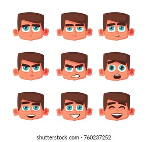 Set of boy facial emotions. Cartoon vector illustration. Funny face with different expressions. Schoolboy portrait avatars. Variety of emotions teen. Emoji character