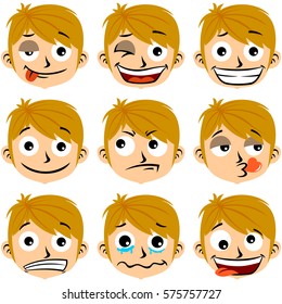 Set of boy facial expressions, vector cartoon illustration