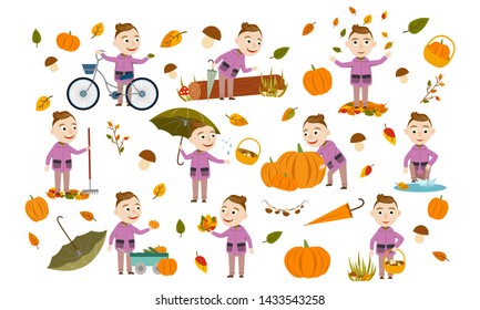 Set boy with fashionable hairstyle in an autumn jacket plays with leaves, launches a paper boat, rides a bicycle, carries pumpkins and has fun in the fall. Cute Vector Illustration