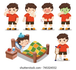Set of A boy get sick. He has high temperature. stomach ache , Toothache. Vector illustration Set of A boy get sick. He has high temperature. stomach ache , Toothache. Vector illustration