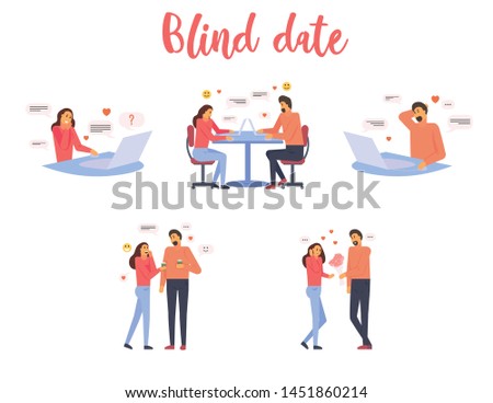 Set of boy and girl chatting on laptop and meeting on blind date. Searching and finding romantic partner on internet. Couple meeting through online dating app or website. Flat cartoon vector