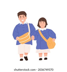 Conjunto de niños y niñas que van a la escuela primaria ilustraciones vectoriales. Alegres alumnos sosteniendo una bolsa aislada en blanco. Colección de niños con mochila o ilustración de maletas. de vuelta a la hermana del hermano de la escuela