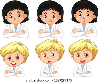 Set of boy and girl in science gown with different facial expressions illustration