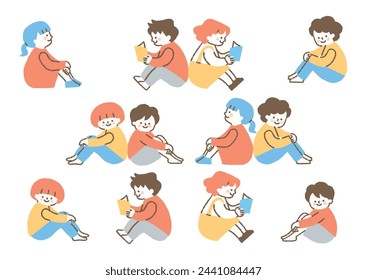 Set of boy and girl sitting back to back_Color