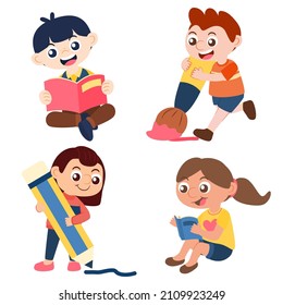 Set of boy and girl wear school uniform with school supplies character vector design. Presentation in various action with emotions, walking, standing and laugh. Graphic resource for graphic designer