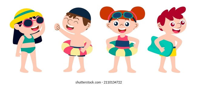 Set of boy and girl wear swimming wear with buoy character vector design. Presentation in various action with emotions, walking, standing and laugh. Graphic resource for graphic designer