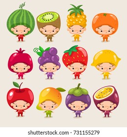 Set Of Boy And Girl Wearing Fruit Shaped Hat : Vector Illustration 