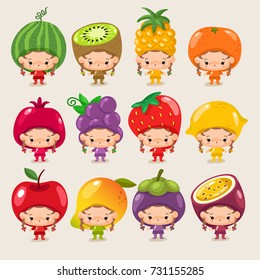 Set of boy and girl wearing fruit shaped hat : Vector Illustration 