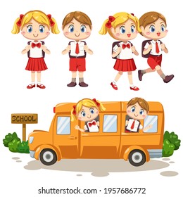 Set of The boy and girl wearing student uniform and School bag walking and sit on the school bus in cartoon character, concept back to school,  isolated vector illustration