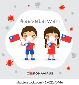 Set of boy and girl wearing surgical mask preventing coronavirus with national flag : Taiwan : Vector Illustration