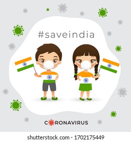 Set of boy and girl wearing surgical mask preventing coronavirus with national flag : India : Vector Illustration