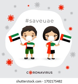 Set of boy and girl wearing surgical mask preventing coronavirus with national flag : United Arab Emirates : Vector Illustration