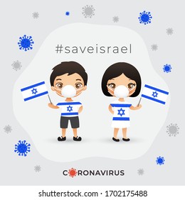 Set of boy and girl wearing surgical mask preventing coronavirus with national flag : Israel : Vector Illustration