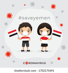 Set of boy and girl wearing surgical mask preventing coronavirus with national flag : Yemen : Vector Illustration