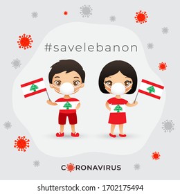 Set of boy and girl wearing surgical mask preventing coronavirus with national flag : Lebanon : Vector Illustration