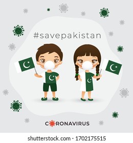 Set of boy and girl wearing surgical mask preventing coronavirus with national flag : Pakistan : Vector Illustration