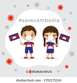 Set of boy and girl wearing surgical mask preventing coronavirus with national flag : Cambodia : Vector Illustration